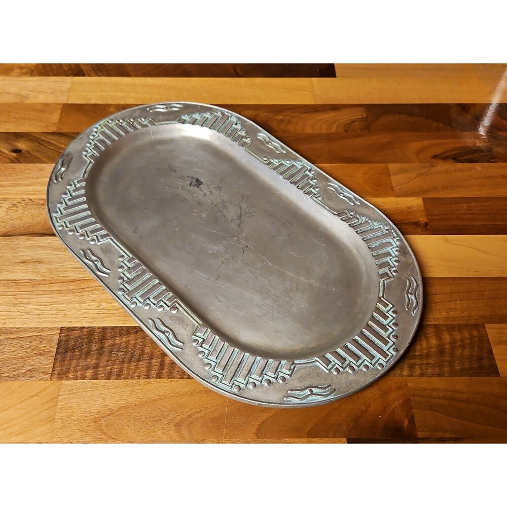 Vintage Wilton Armetale Zia Turquoise Southwestern Oval Serving Platter  12”